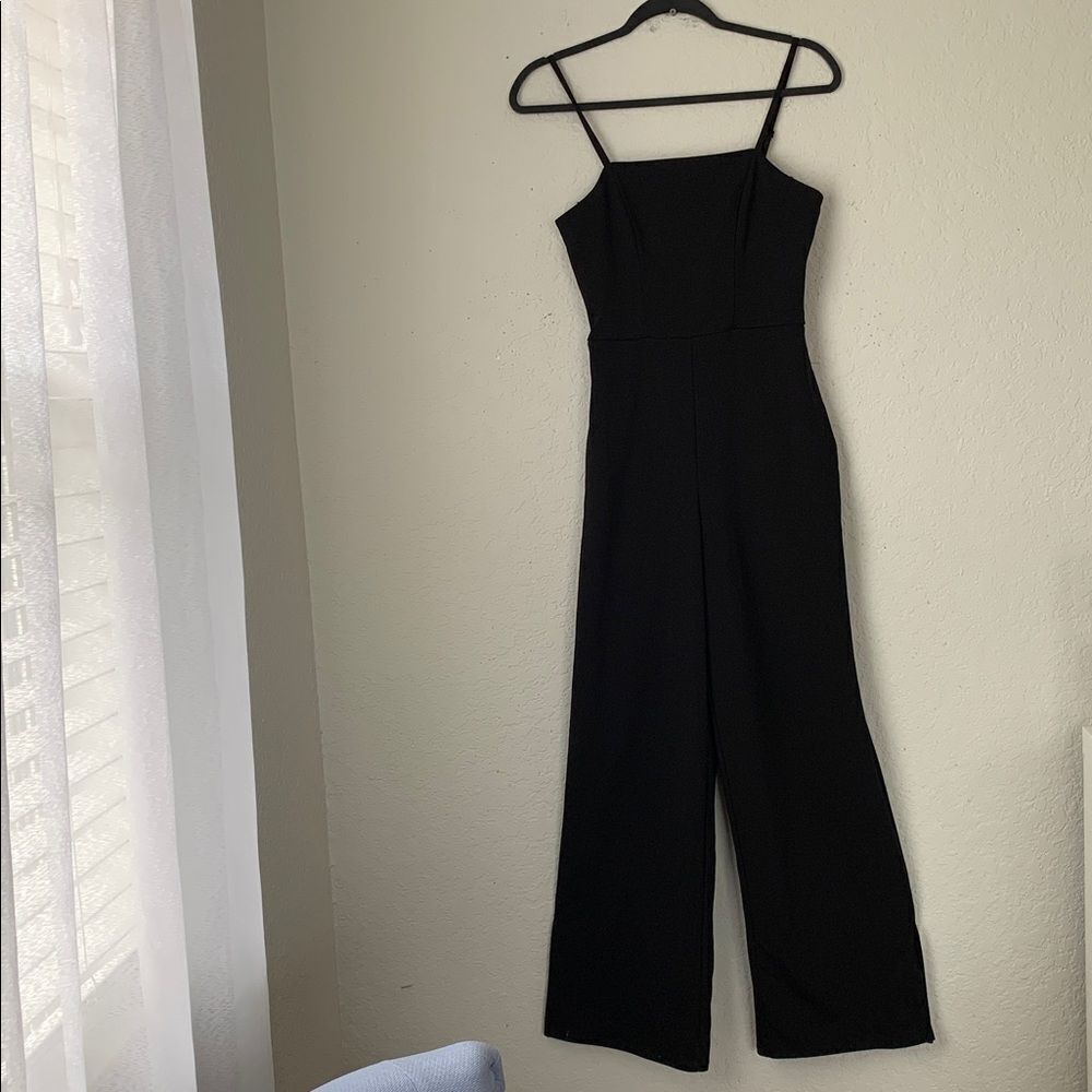 Crystal Sky Elegant Black Jumpsuit Straps Split Hem Pockets Size S